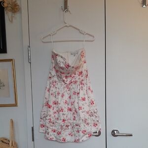 Floral Strapless Satin Mini Dress - White with Pink Flower Print